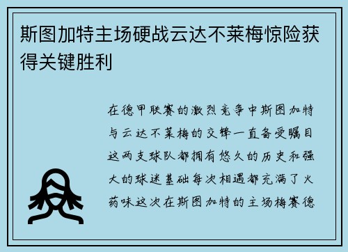 斯图加特主场硬战云达不莱梅惊险获得关键胜利